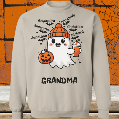 Spooky Cute Personalized Ghost & Bats Sweatshirt showing 6 names with the nickname Grandma - Any Gift For You