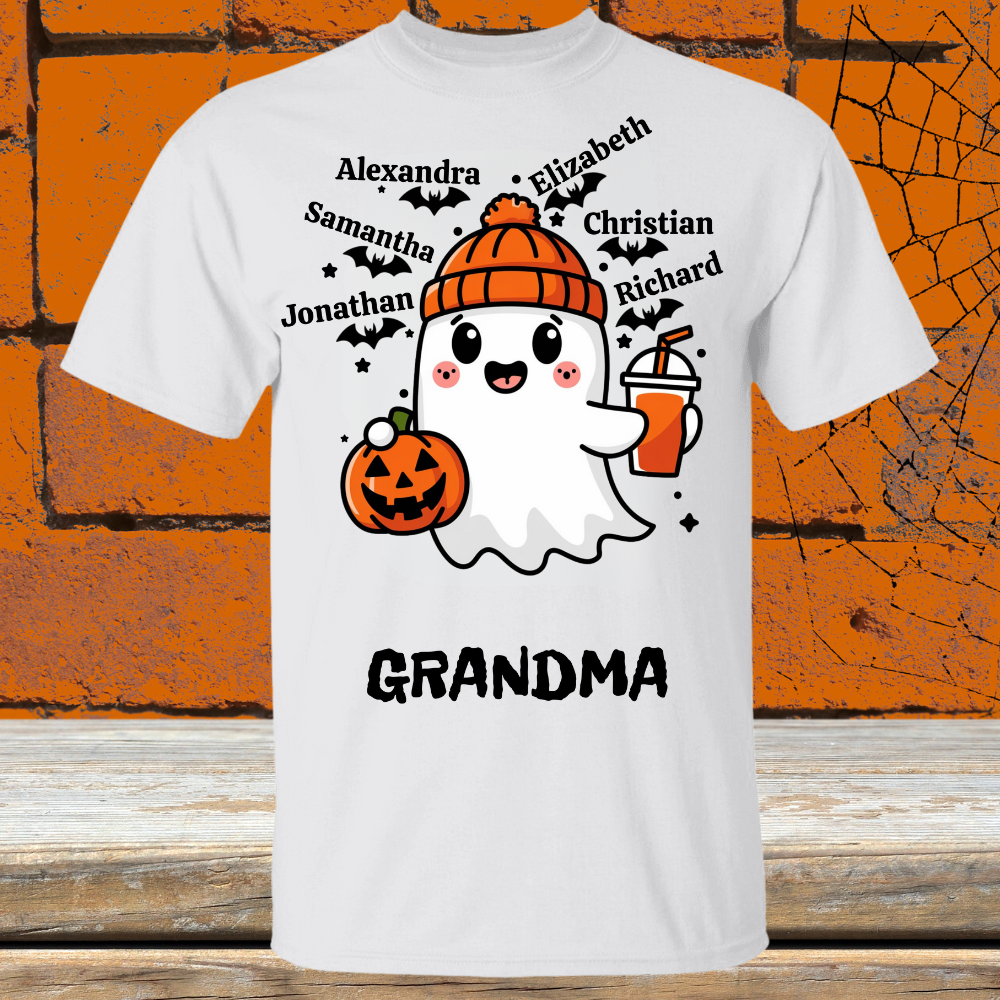 Spooky Cute Personalized Ghost & Bats T-shirt showing 6 names with the nickname Grandma - Any Gift For You