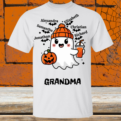 Spooky Cute Personalized Ghost & Bats T-shirt showing 6 names with the nickname Grandma - Any Gift For You