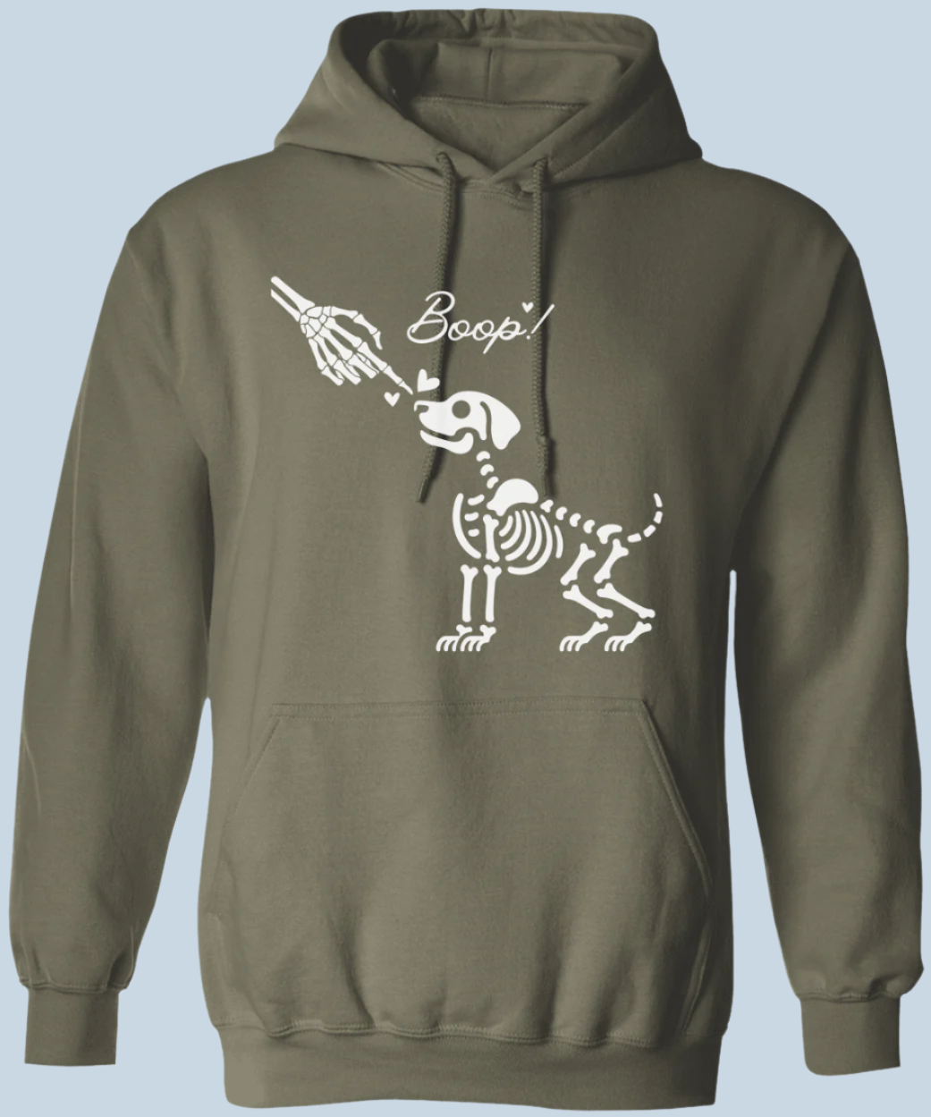 Boop Skeleton Dog Hoodie in Military green with white image - Any Gift For You