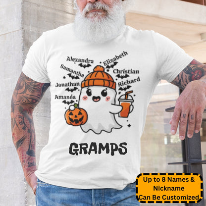 Spooky Cute Personalized Ghost & Bats T-Shirt on a male model showing 7 names with the nickname Gramps - Any Gift For You