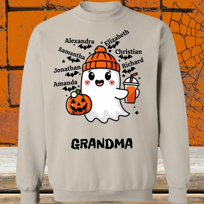 Spooky Cute Personalized Ghost & Bats Sweatshirt showing 7 names with the nickname Grandma - Any Gift For You