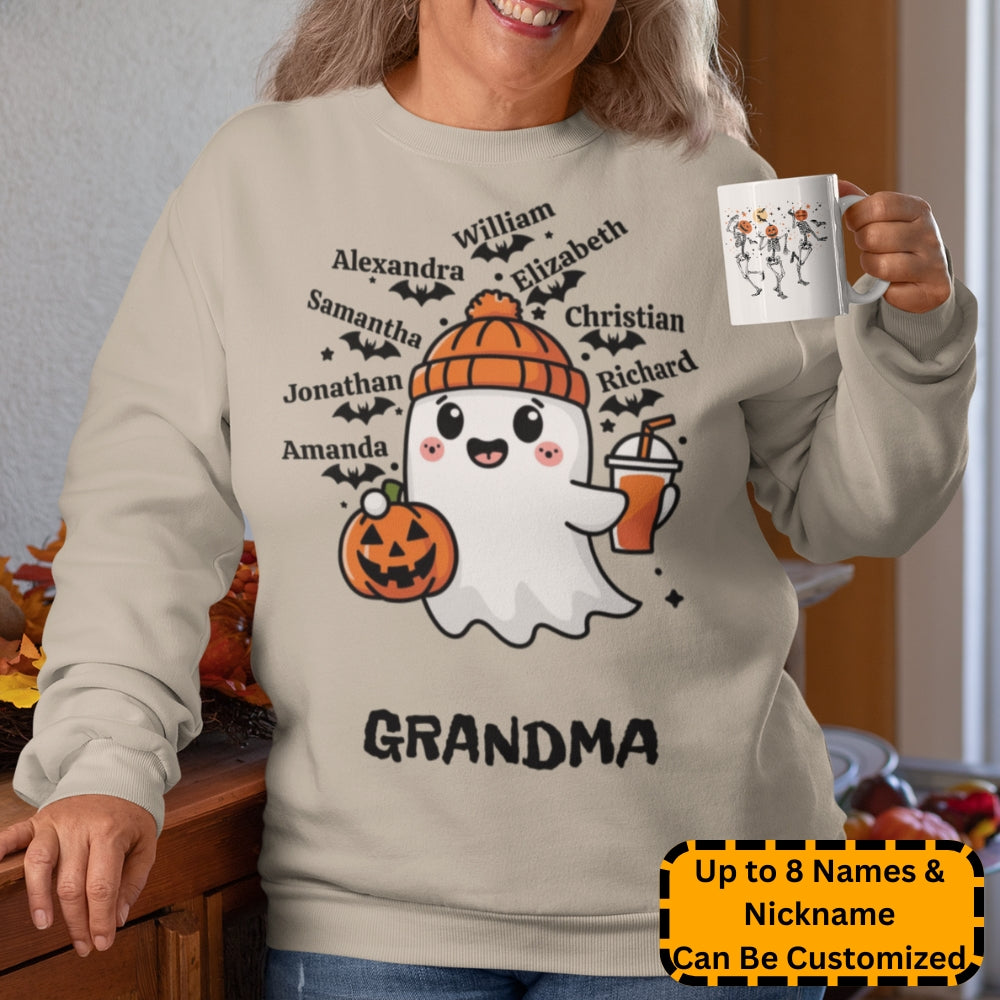 Spooky Cute Personalized Ghost & Bats Sweatshirt on a female model showing 8 names with the nickname Grandma - Any Gift For You