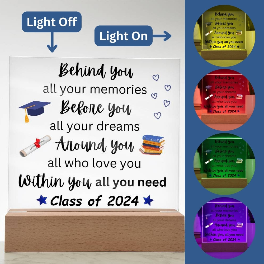 Personalized Graduation Acrylic Plaque in Blue mockup showing lit examples - Any Gift For You