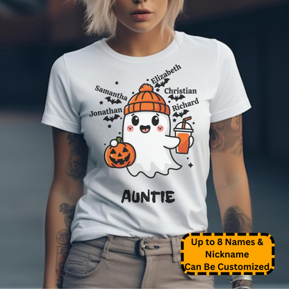 Spooky Cute Personalized Ghost & Bats T-Shirt on a female model showing 5 names with the nickname Auntie - Any Gift For You