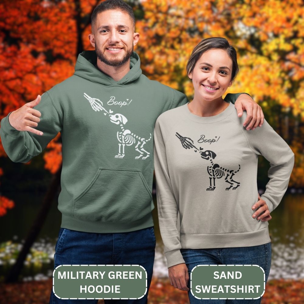 Boop Skeleton Dog Hoodie in MIlitary Green and Sweatshirt in Sand - Any Gift For You