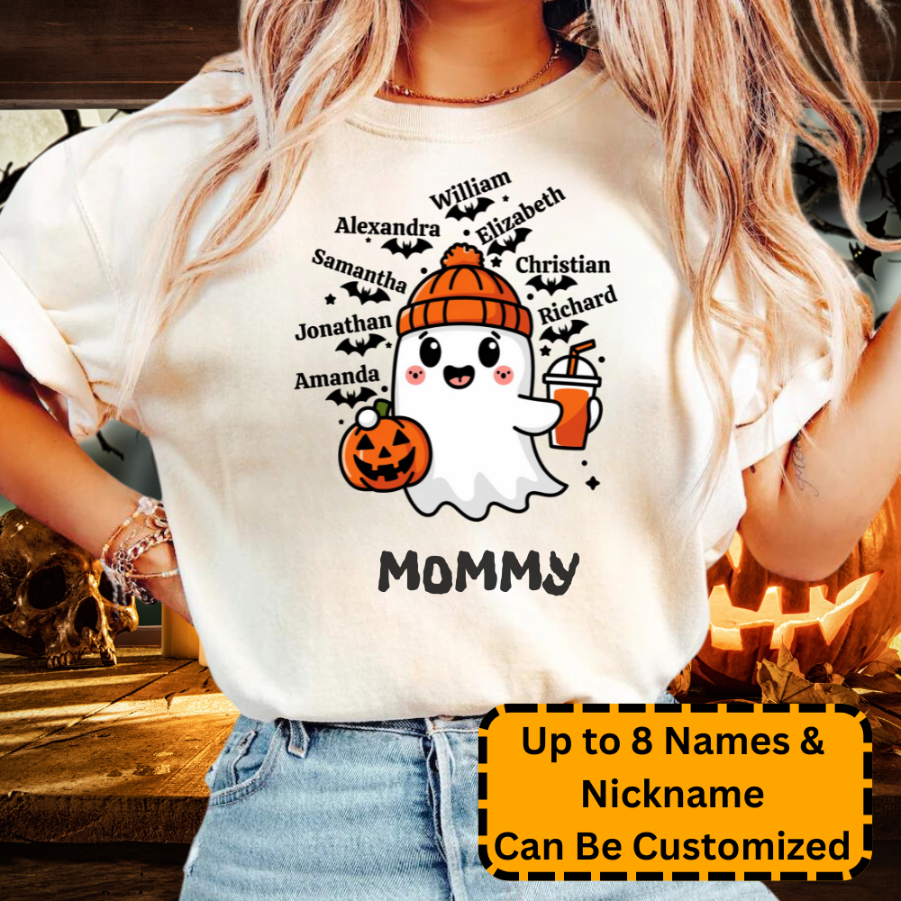 Spooky Cute Personalized Ghost & Bats T-Shirt on a female model showing 8 names with the nickname Mommy - Any Gift For You