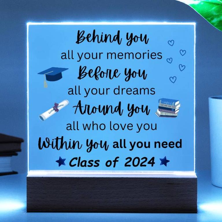 Personalized Graduation Acrylic Plaque in Blue mockup showing blue light - Any Gift For You