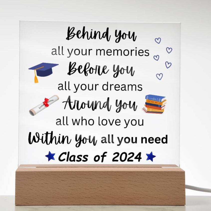 Personalized Graduation Acrylic Plaque in Blue mockup showing LED corded base in off position - Any Gift For You