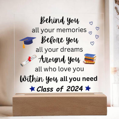 Personalized Graduation Acrylic Plaque in Blue mockup showing LED battery base in off position - Any Gift For You