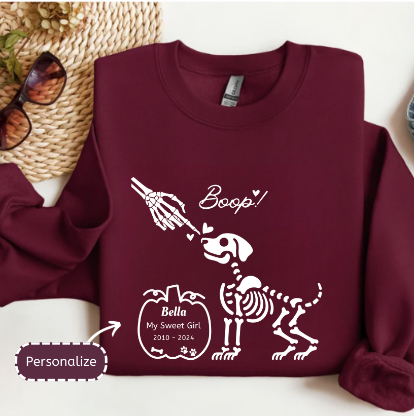 Boop Skeleton Dog Memorial Sweatshirt in Maroon - Any Gift For You