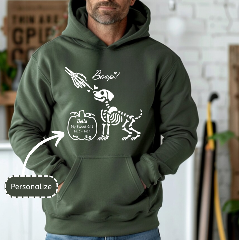 Boop Skeleton Dog Memorial Hoodie in Military Green - Any Gift For You