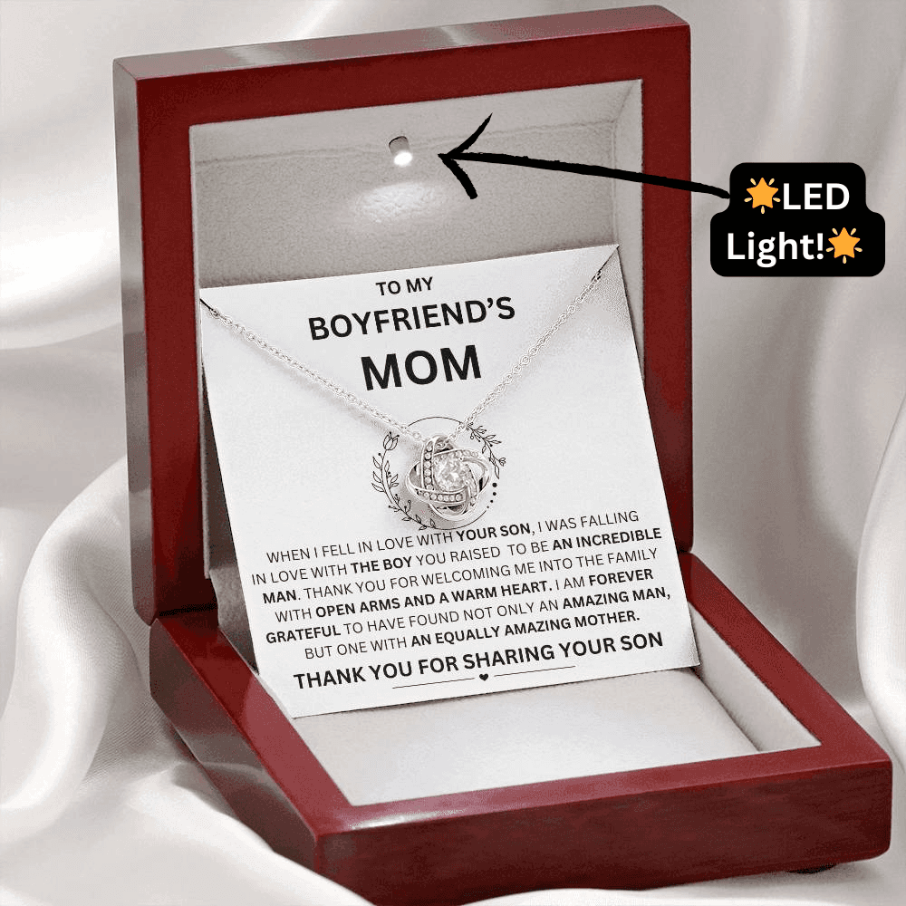 Love Knot Necklace for Boyfriend's Mom - Grateful Heart Gif in 14k white gold in a mahogany style gift box with a dazzling LED light - Any Gift For You