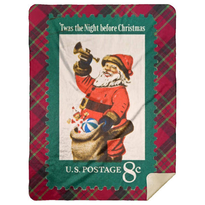 Vintage Christmas Stamp (circa 1972) Blanket on Red and Black Plaid background. Comes in 60x80 inch (Queen), 50x60 inch (Throw) or 30x40 inch (Baby Blanket). Premium Silky Smooth front; Premium Fluffy Sherpa back side; Thickness: 1 cm Full color all over print; Prints edge to edge on one side. Machine wash separately in cold water; Tumble dry on low heat. Do not iron or press with heat; Do not dry clean. Decoration Type: Sublimation; Product Measurement Tolerance: +/- 1 inch