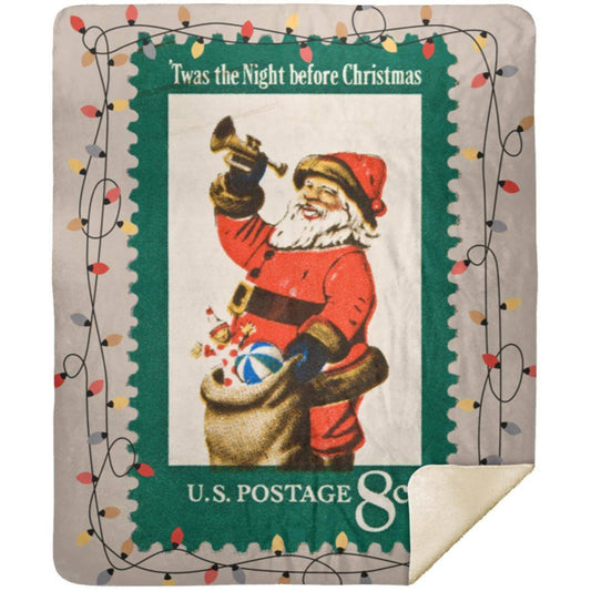 Vintage Christmas Stamp (circa 1972) Blanket on Taupe Background with Christmas Light Border. Comes in 60x80 inch (Queen), 50x60 inch (Throw) or 30x40 inch (Baby Blanket). Premium Silky Smooth front; Premium Fluffy Sherpa back side; Thickness: 1 cm Full color all over print; Prints edge to edge on one side. Machine wash separately in cold water; Tumble dry on low heat. Do not iron or press with heat; Do not dry clean. Decoration Type: Sublimation; Product Measurement Tolerance: +/- 1 inch