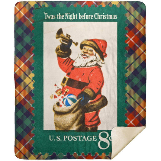 Vintage Christmas Stamp (circa 1972) Blanket on Multi-color Plaid Background. Comes in 30x40 inch (Baby Blanket), 50x60 inch (Throw) or 60x80 inch (Queen). Premium Silky Smooth front; Premium Fluffy Sherpa back side; Thickness: 1 cm Full color all over print; Prints edge to edge on one side. Machine wash separately in cold water; Tumble dry on low heat. Do not iron or press with heat; Do not dry clean. Decoration Type: Sublimation; Product Measurement Tolerance: +/- 1 inch