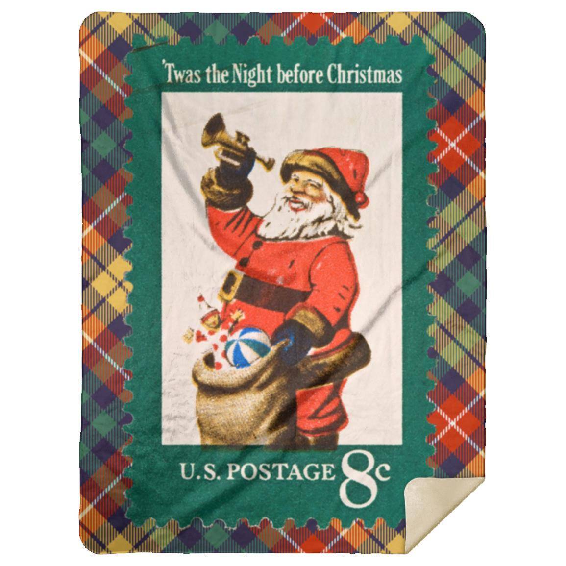 Vintage Christmas Stamp (circa 1972) Blanket on Multi-color Plaid Background. Comes in 30x40 inch (Baby Blanket), 50x60 inch (Throw) or 60x80 inch (Queen). Premium Silky Smooth front; Premium Fluffy Sherpa back side; Thickness: 1 cm Full color all over print; Prints edge to edge on one side. Machine wash separately in cold water; Tumble dry on low heat. Do not iron or press with heat; Do not dry clean. Decoration Type: Sublimation; Product Measurement Tolerance: +/- 1 inch