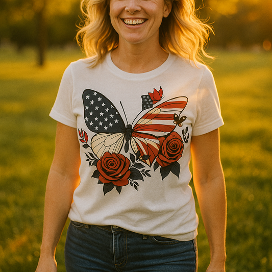 White Crew Neck Stars and Stripes Butterfly Bloom Tee