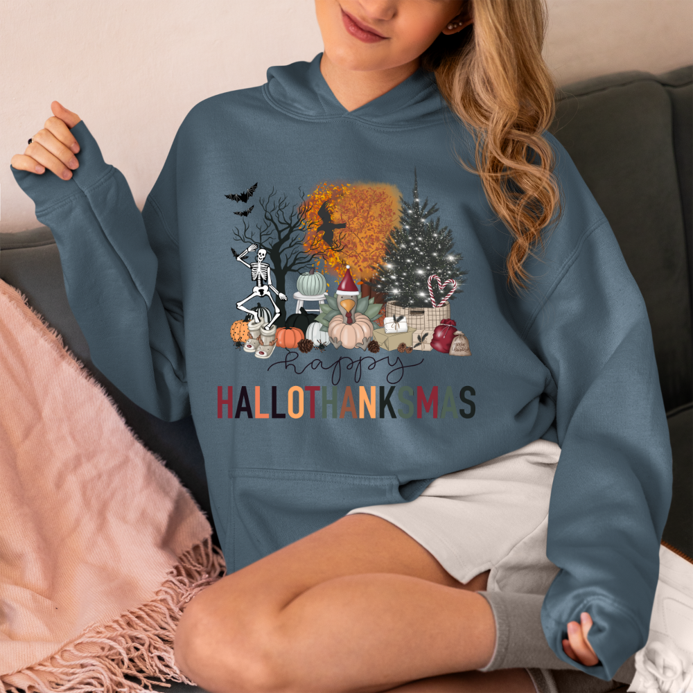 Warm and Festive HalloThanksMas Hoodie in Dark Heather - Any Gift For You