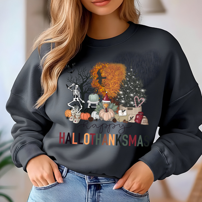 Warm and Festive HalloThanksMas Sweatshirt in Dark Heather - Any Gift For You