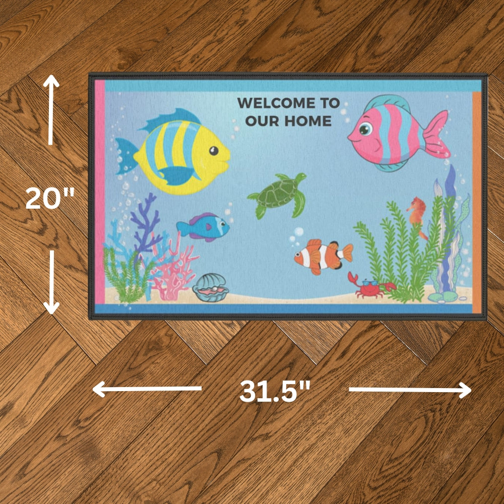 Personalized Ocean Themed Indoor Doormat showing dimensions and personalized with WELCOME TO OUR HOME - Any Gift For You