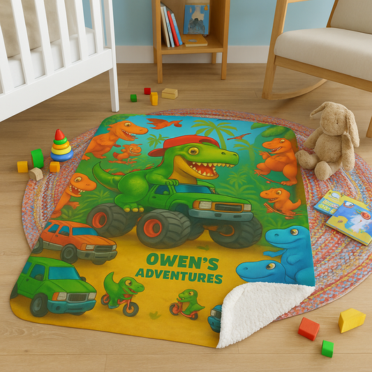 Children's blanket with cartoon dinosaurs and vehicles on a green background personalized with 'Owen's Adventures' and placed in a child'sroom setting.