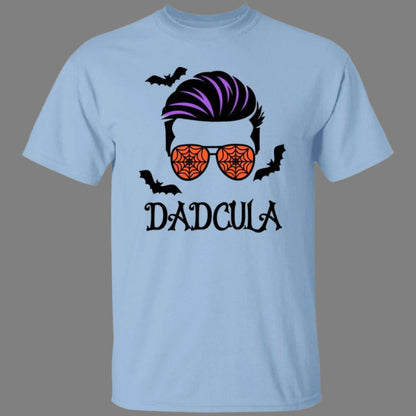 Light blue unisex Halloween t-shirt with an image of a cool-looking man’s face on the front wearing orange ray-ban sunglasses covered in cob webs with bats flying around his head. D a d c u l a, Dadcula, is printed beneath