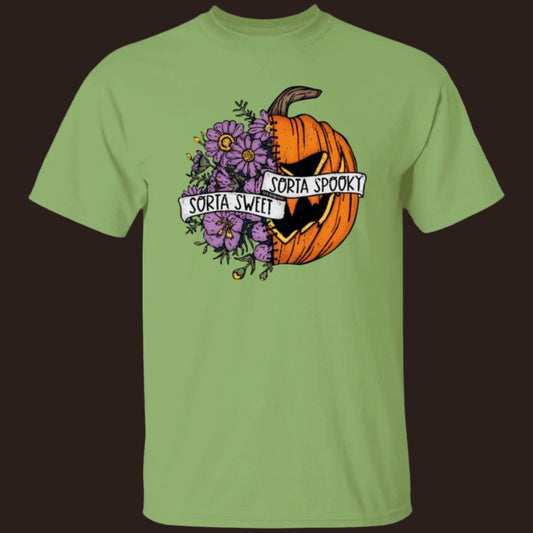 Kiwi green unisex t-shirt. with a Halloween image on the chest, half of which are flowers while the other half is a scary pumpkin. A ribbon is wrapped around the image, reading, Sorta Sweet, Sorta Spooky - Any Gift For You