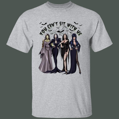 You Can't Sit with Us Female Villains Halloween T-Shirt  in gray showing 4 famous female villans with bats and cobwebs under a banner that says "You Can't Sit With Us" - Any Gift For You