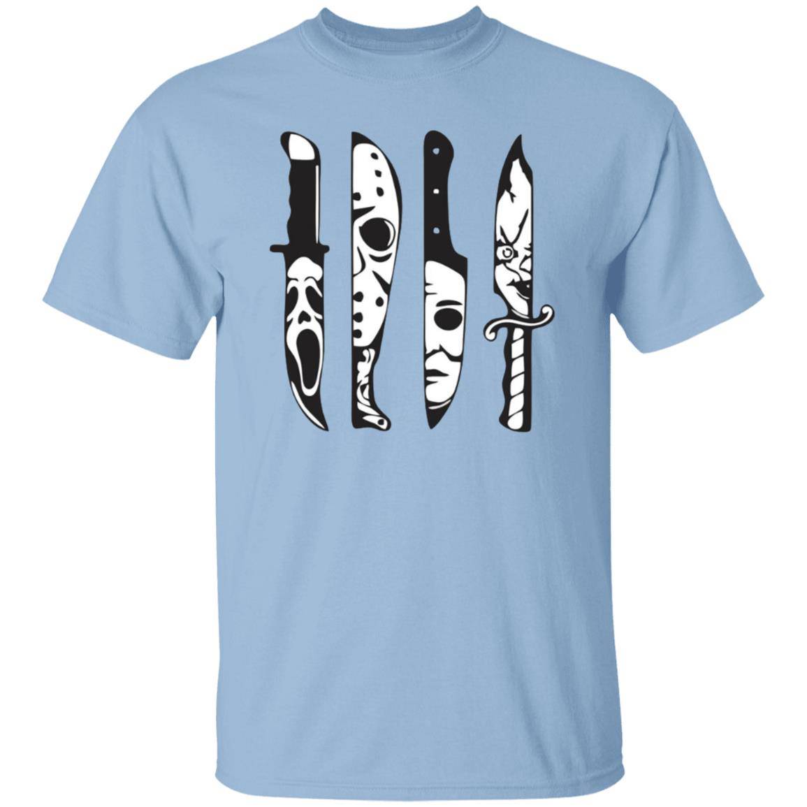 Light blue unisex Halloween t-shirt with four knives across the front. In the reflection of each knife shows the face of a killer from a famous horror movie (Ghostface,  Jason Voorhees, Michael Myers and Chucky).
