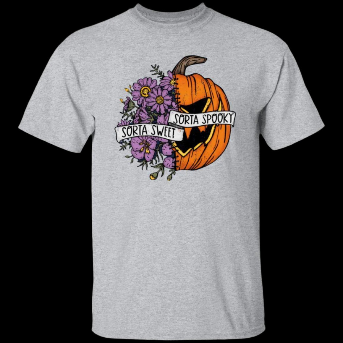 Sport gray unisex t-shirt. with a Halloween image on the chest, half of which are flowers while the other half is a scary pumpkin. A ribbon is wrapped around the image, reading, Sorta Sweet, Sorta Spooky - Any Gift For You