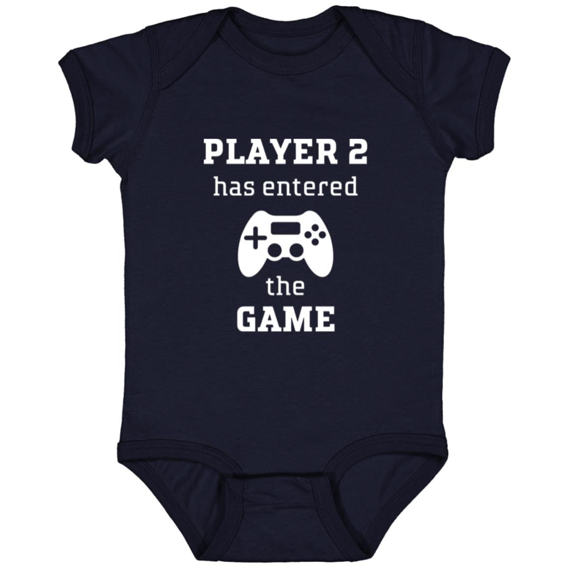 Leveled Up Player 2 infant body suit in navy blue