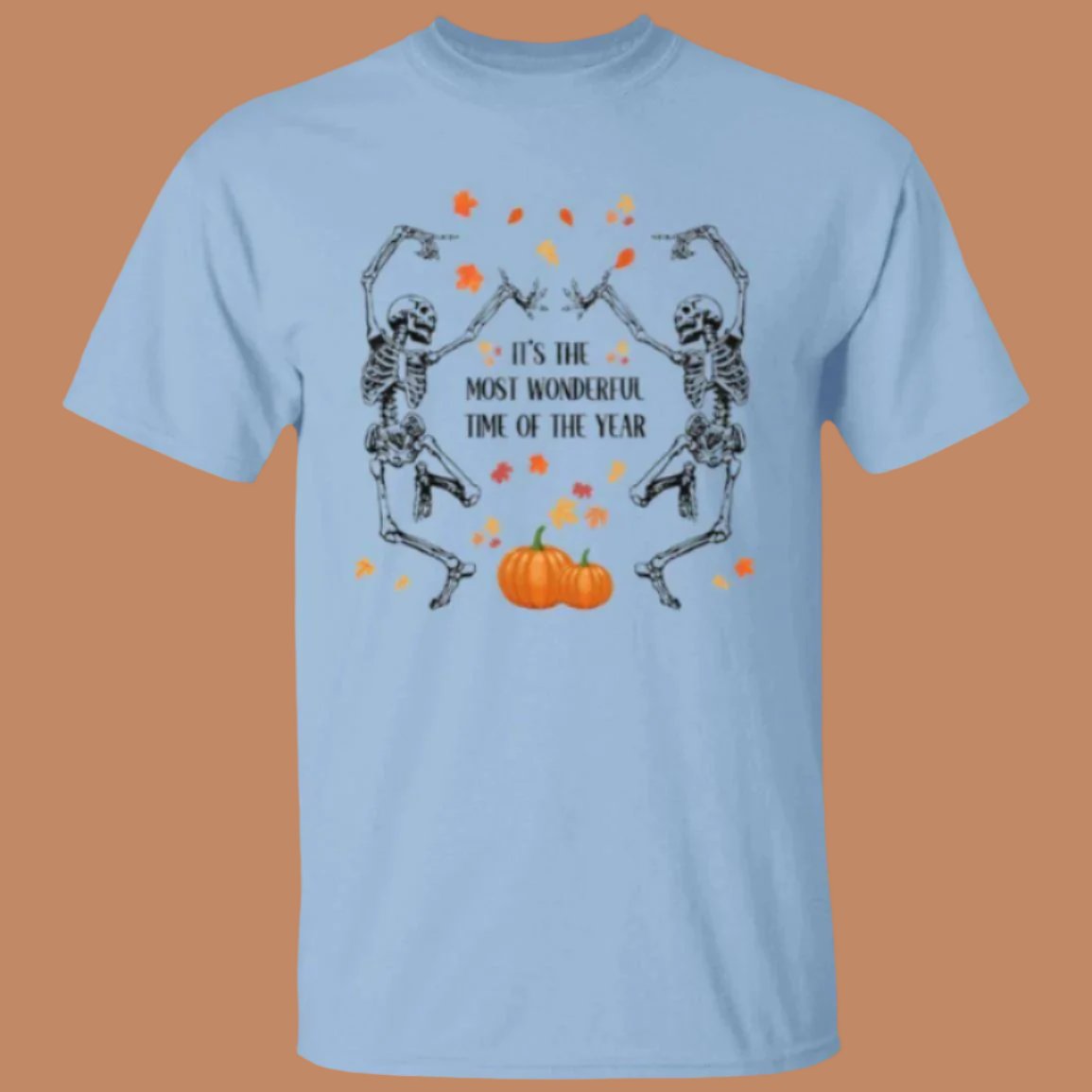 Dancing Skeletons Halloween t-shirt in light blue with two skeletons dancing under falling leaves around two pumpkins - Any Gift for You