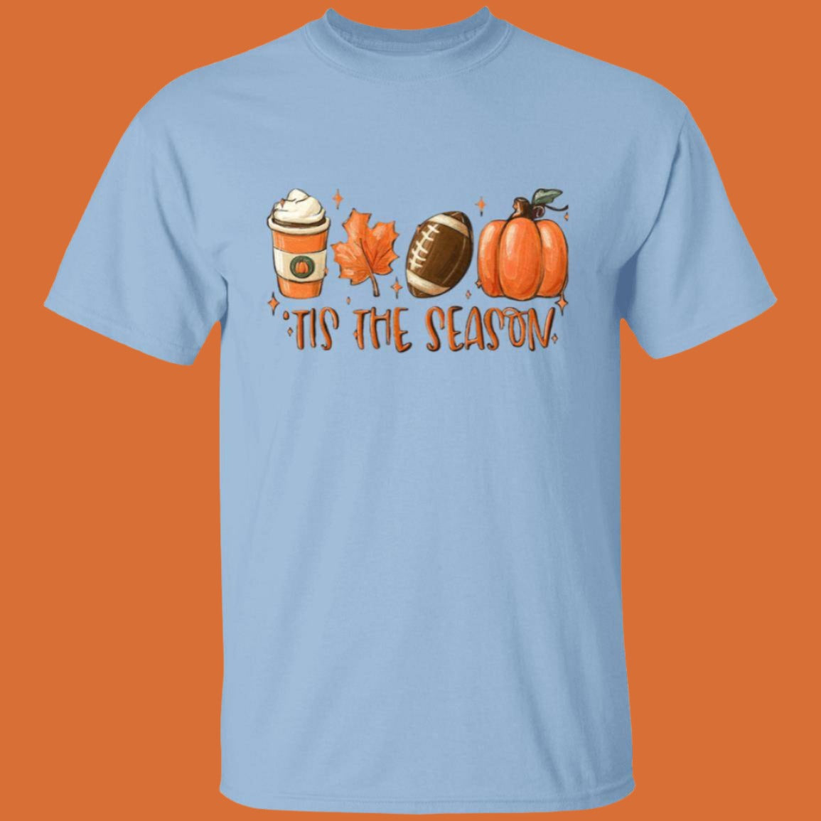 'Tis the Season Fall T-shirt in light blue with an image of coffee, a leaf,  a football and a pumpkin with  "'Tis The Season" written below - Any Gift For You