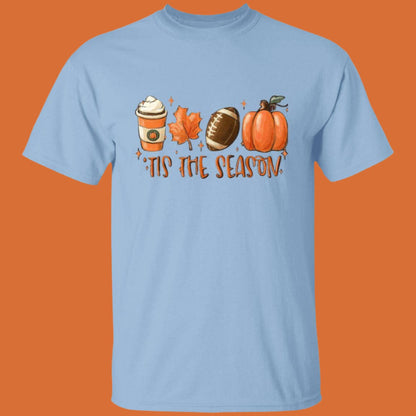 'Tis the Season Fall T-shirt in light blue with an image of coffee, a leaf,  a football and a pumpkin with  "'Tis The Season" written below - Any Gift For You