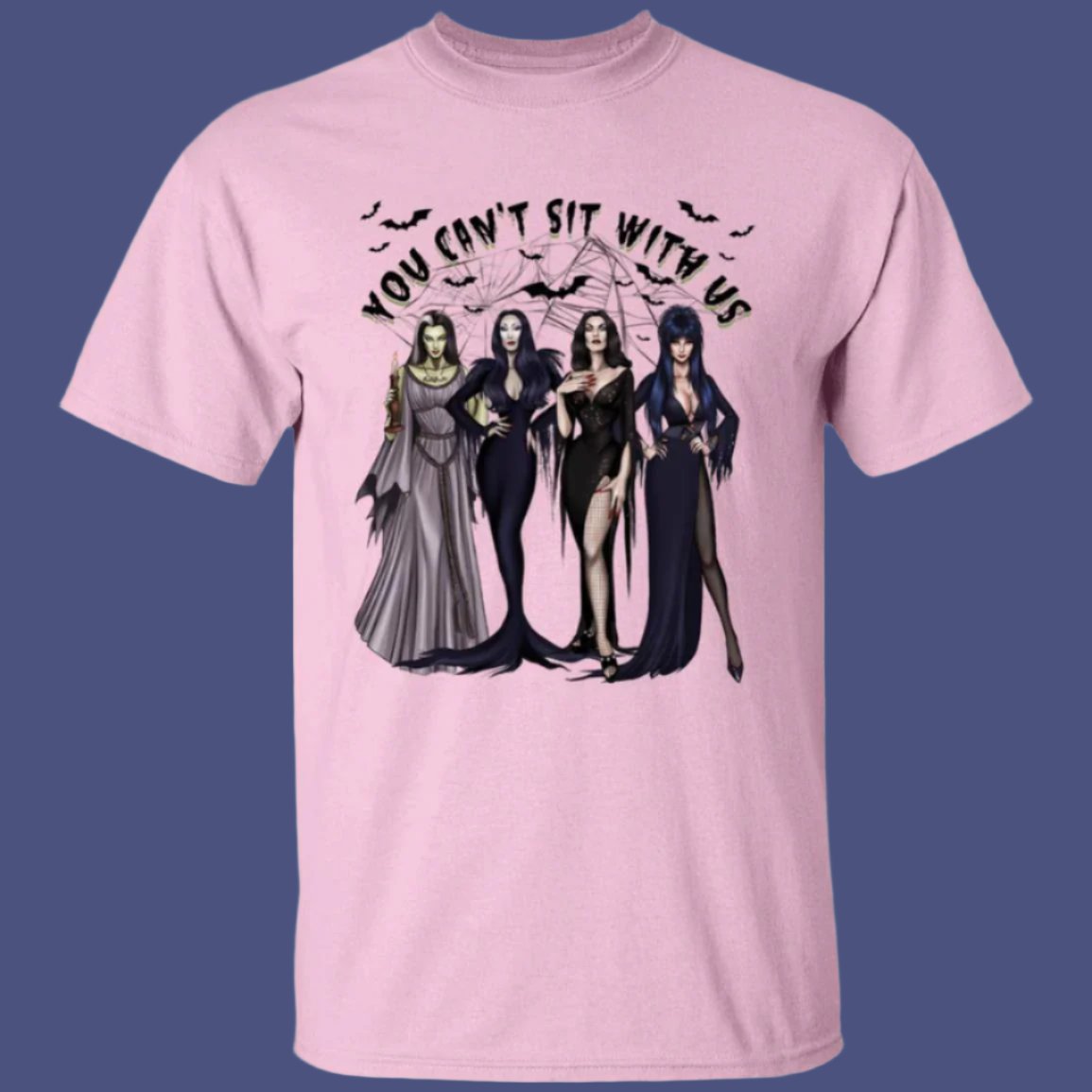 You Can't Sit with Us Female Villains Halloween T-Shirt  in pink showing 4 famous female villans with bats and cobwebs under a banner that says "You Can't Sit With Us" - Any Gift For You