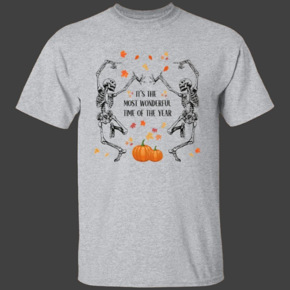 Dancing Skeletons Halloween t-shirt in sport gray with two skeletons dancing under falling leaves around two pumpkins - Any Gift for You