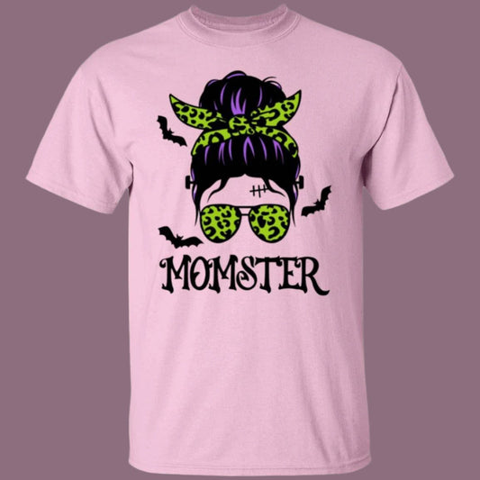 Momster Halloween T-Shirt in Pink with an image of a hip-looking featureless faced woman. She has a scar and stitches on her forehead with bolts on each side of her neck like Frankenstein. Her purple hair is in a messy bun tied with a lime green leopard patterned bandana, which matches her printed ray-ban sunglasses. Flying around her head are bats. MOMSTER is printed beneath the image. - Any Gift For You