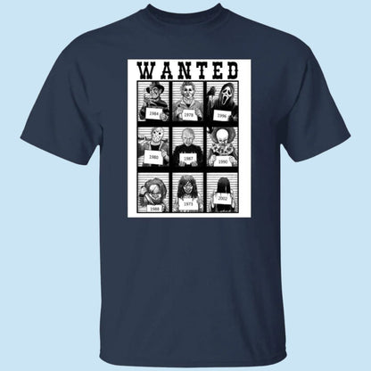 Navy unisex Halloween t-shirt with a WANTED poster image on the front. The poster displays a picture of nine killers from famous horror movies: Ghostface, Leatherface, Freddy Kruger, Pennywise, Jason Voorhees, Michael Myers, Chucky and two others - Any Gift For You