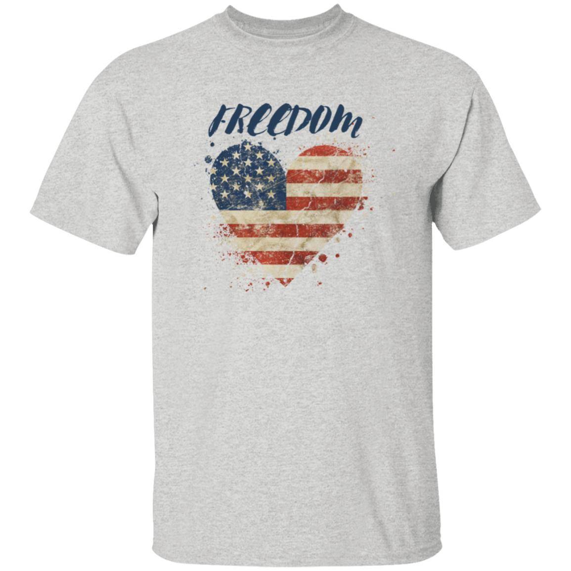 Ash gray, heavyweight classic unisex t-shirt in 100% cotton. Freedom is written across the chest with an American grunge flag in the shape of a heart beneath - Any Gift For You