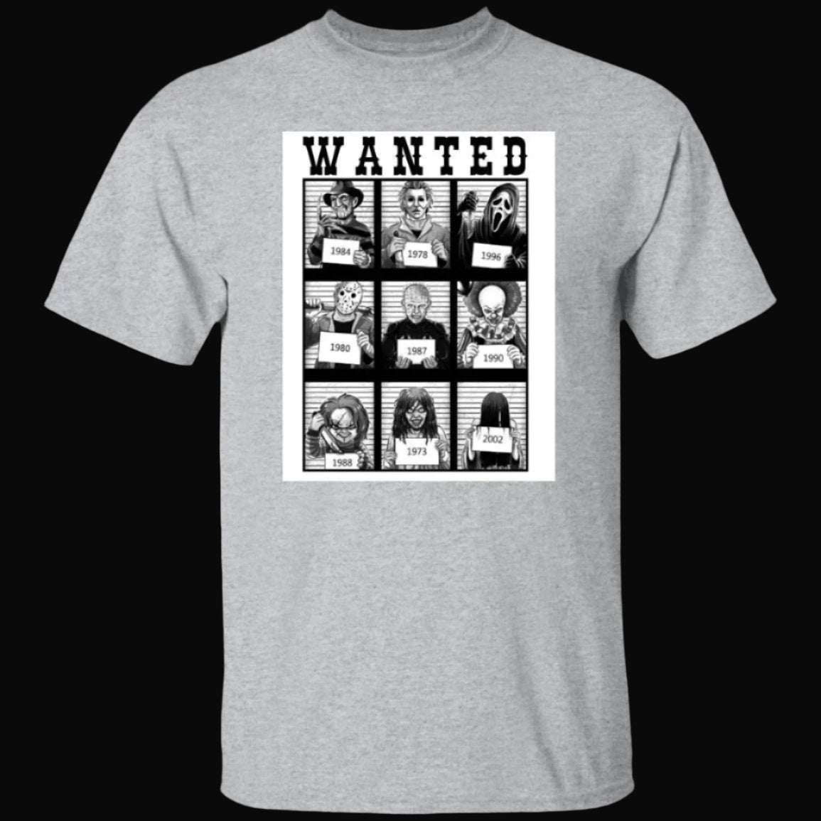 Sport gray unisex Halloween t-shirt with a WANTED poster image on the front. The poster displays a picture of nine killers from famous horror movies: Ghostface, Leatherface, Freddy Kruger, Pennywise, Jason Voorhees, Michael Myers, Chucky and two others - Any Gift For You