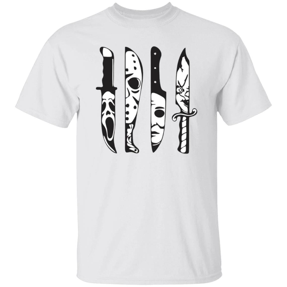 White unisex Halloween t-shirt with four knives across the front. In the reflection of each knife shows the face of a killer from a famous horror movie (Ghostface,  Jason Voorhees, Michael Myers and Chucky).