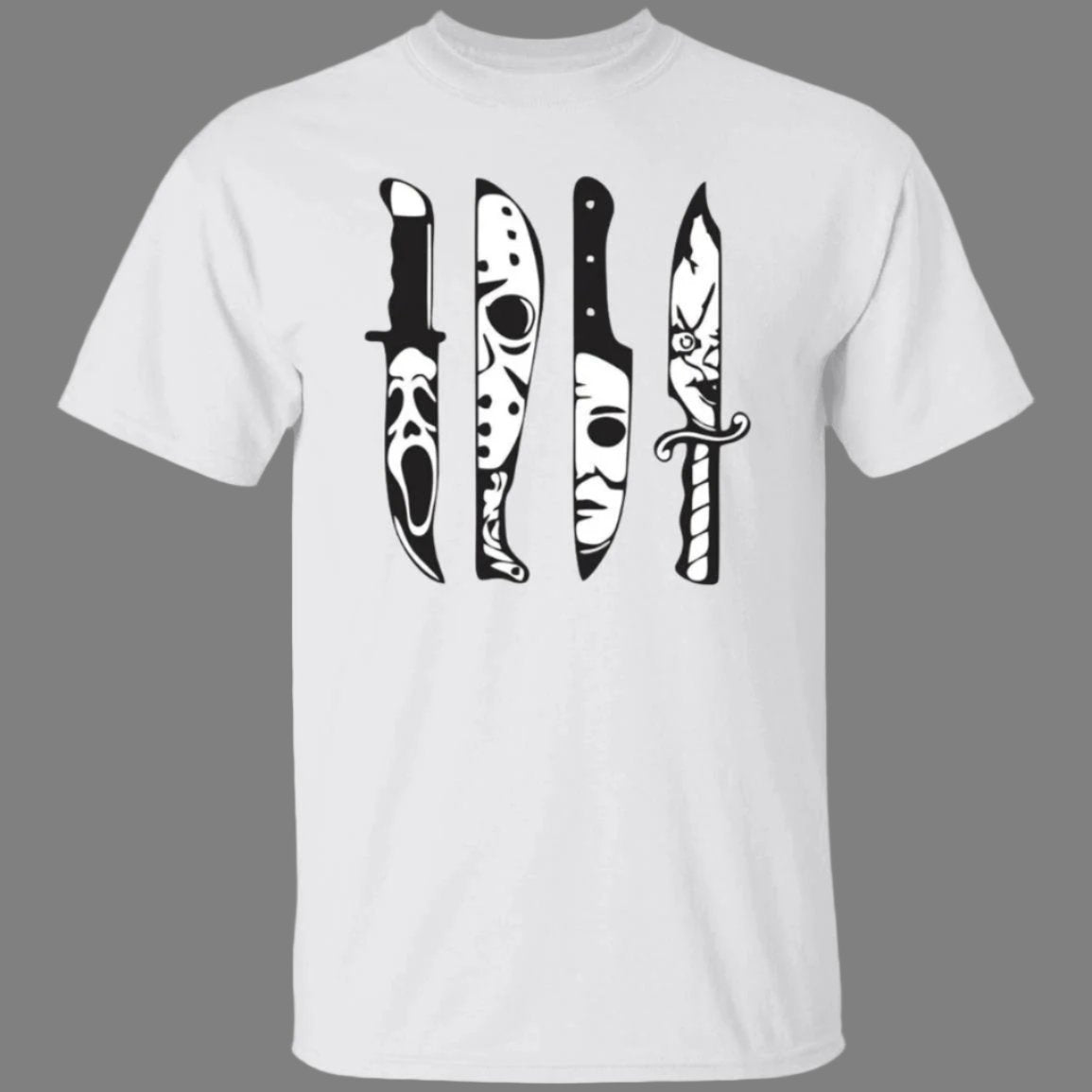 White unisex Halloween t-shirt with four knives across the front. In the reflection of each knife shows the face of a killer from a famous horror movie (Ghostface,  Jason Voorhees, Michael Myers and Chucky) - Any Gift For You