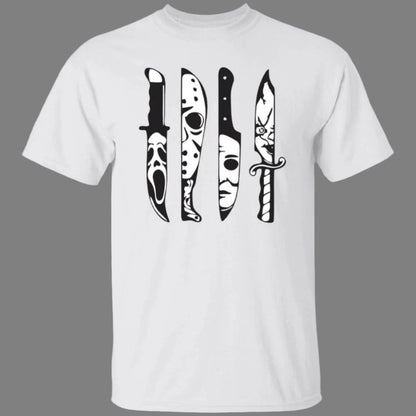 White unisex Halloween t-shirt with four knives across the front. In the reflection of each knife shows the face of a killer from a famous horror movie (Ghostface,  Jason Voorhees, Michael Myers and Chucky) - Any Gift For You