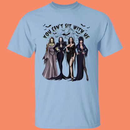 You Can't Sit with Us Female Villains Halloween T-Shirt  in light blue showing 4 famous female villans with bats and cobwebs under a banner that says "You Can't Sit With Us" - Any Gift For You