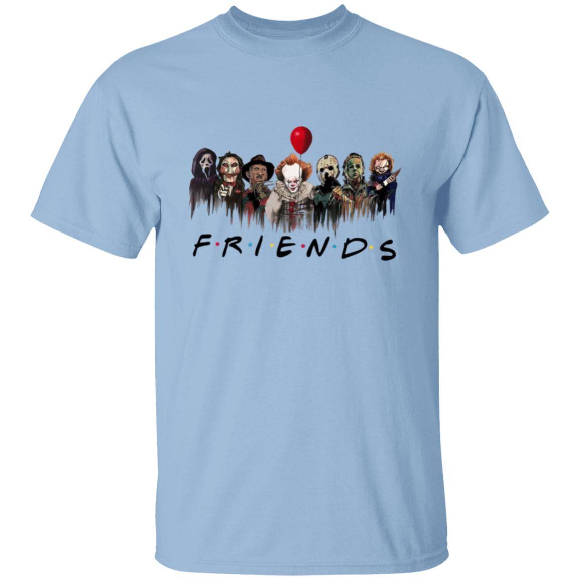 Killer Friends t-shirt in Light blue with the likeness of seven killer friends across the front (Ghostface, Leatherface, Freddy Kruger, Pennywise, Jason Voorhees, Michael Myers and Chucky). The ghoulish logo "FRIENDS" is a parody on the famous sitcom Friends - Any Gift For You