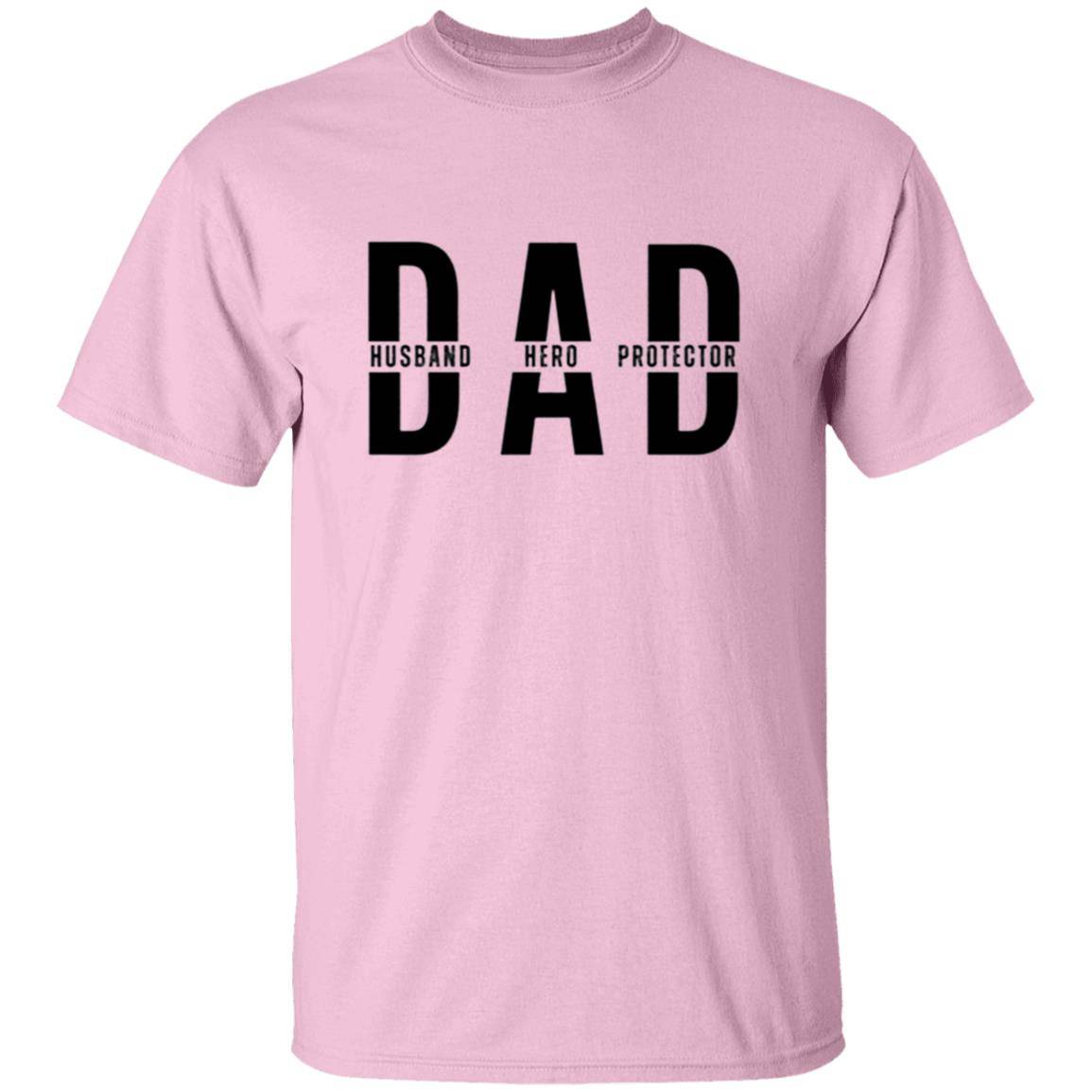 Light pink, heavyweight classic unisex t-shirt in 100% cotton.  Across the chest and back are DAD, Husband, Hero, Protector.