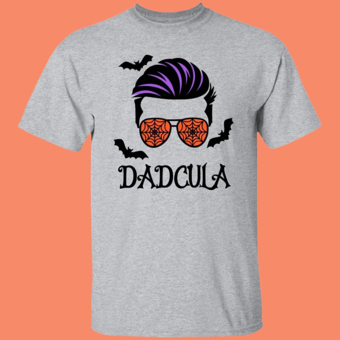 Sport gray unisex Halloween t-shirt with an image of a cool-looking man’s face on the front wearing orange ray-ban sunglasses covered in cob webs with bats flying around his head. D a d c u l a, Dadcula, is printed beneath