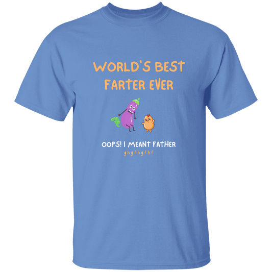 Carolina blue, heavyweight classic unisex t-shirt in 100% cotton. On the front are two laughing cartoon characters with the printed words: World's best farter ever (oops! I meant father) followed by alphabet letters signifying laughter.