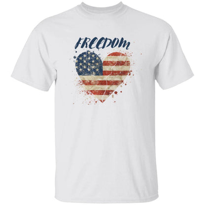 White, heavyweight classic unisex t-shirt in 100% cotton. Freedom is written across the chest with an American grunge flag in the shape of a heart beneath - Any Gift For You